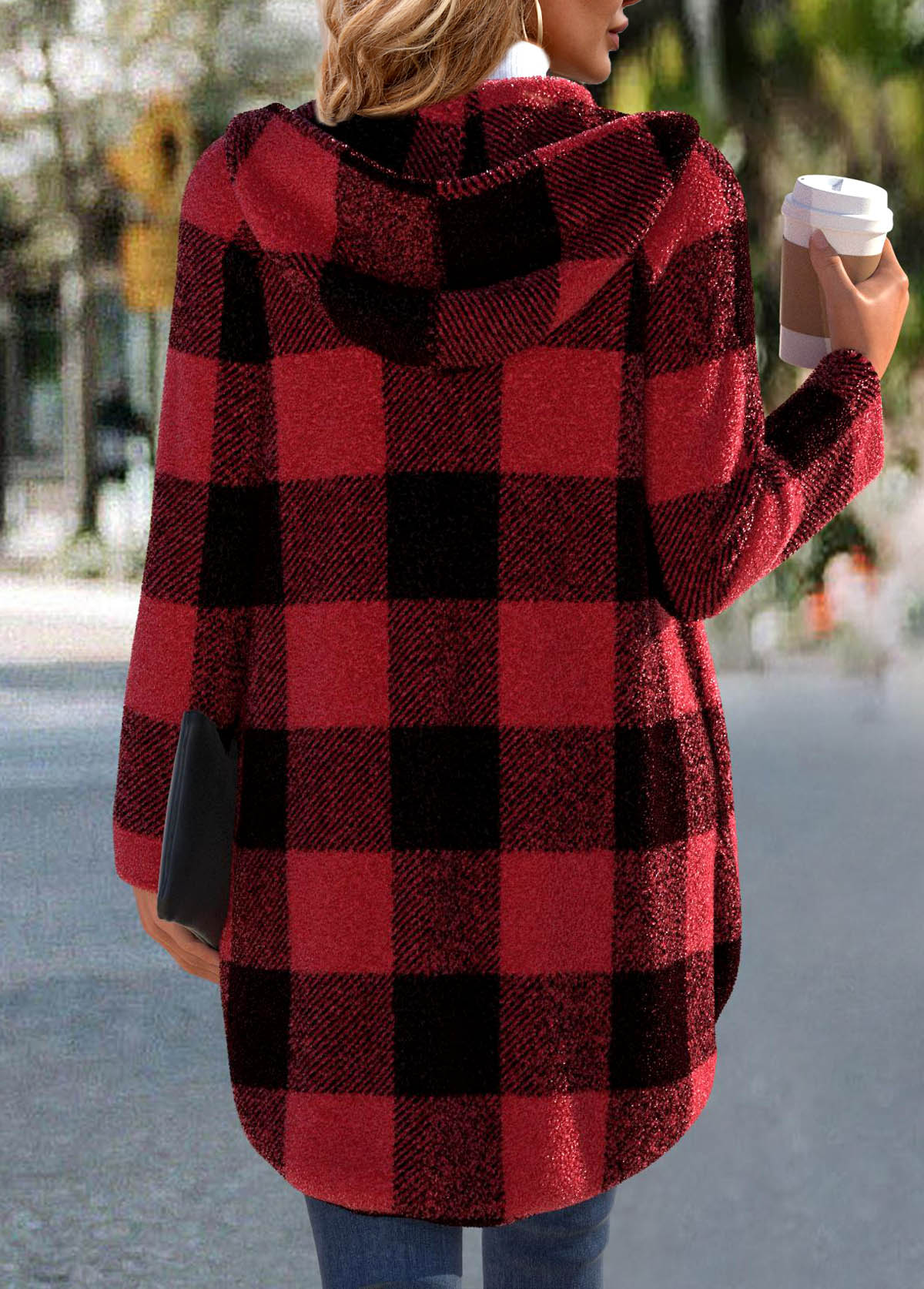 Red tops,Plaid tops,ROTITA Plaid Red Hooded Long Sleeve Coat