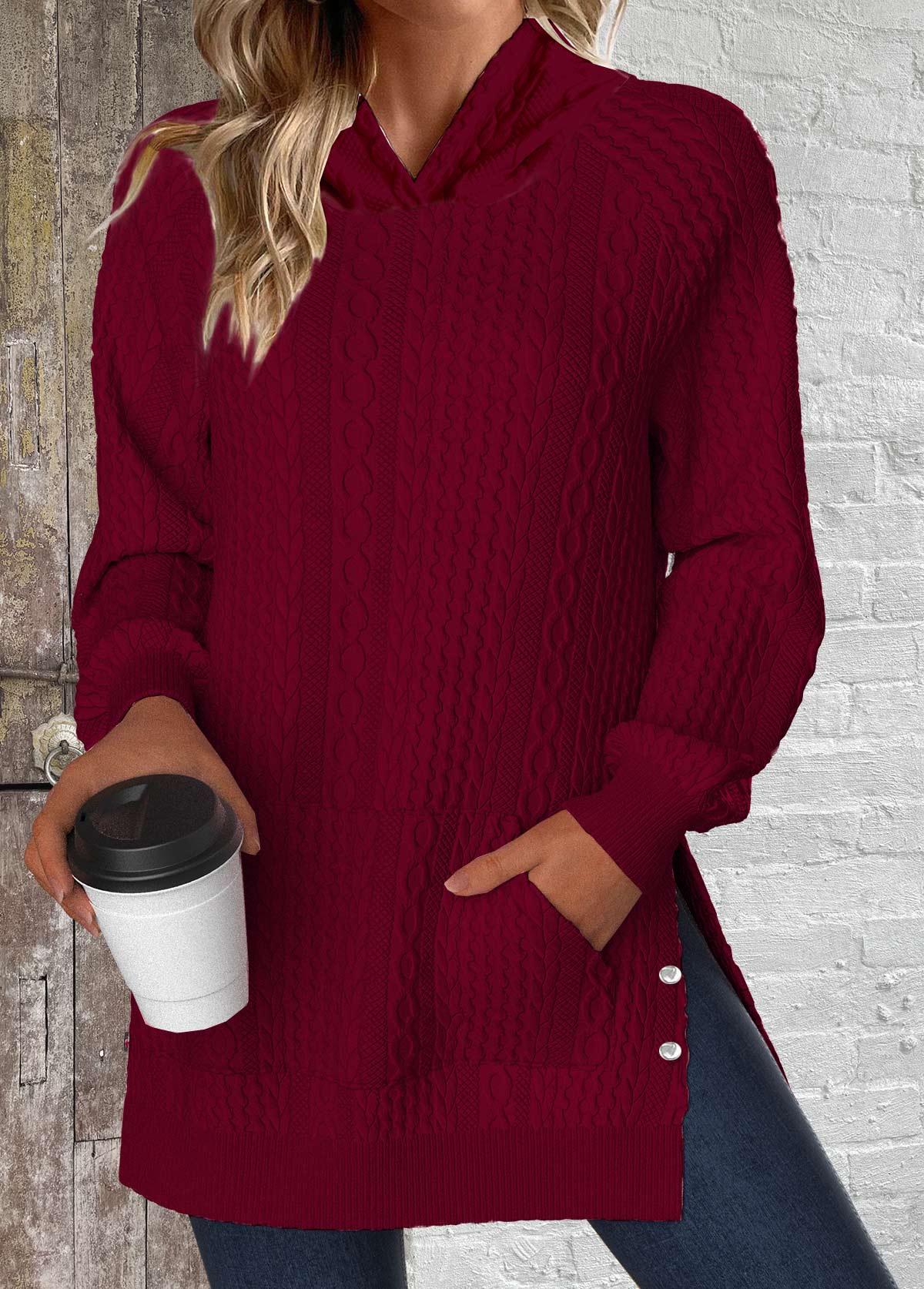 Wine Red tops,Plain Color tops,ROTITA Split Pocket Wine Red Long Sleeve Hoodie