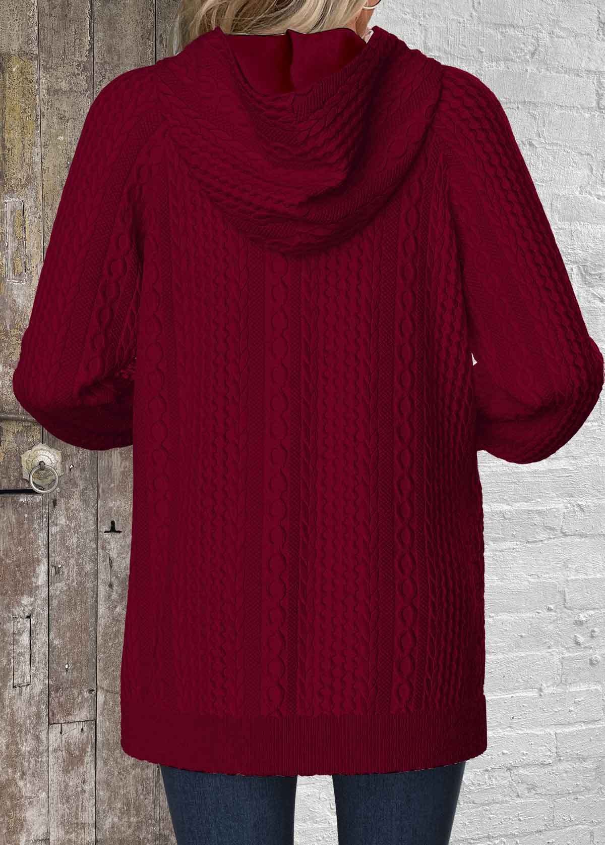 Wine Red tops,Plain Color tops,ROTITA Split Pocket Wine Red Long Sleeve Hoodie