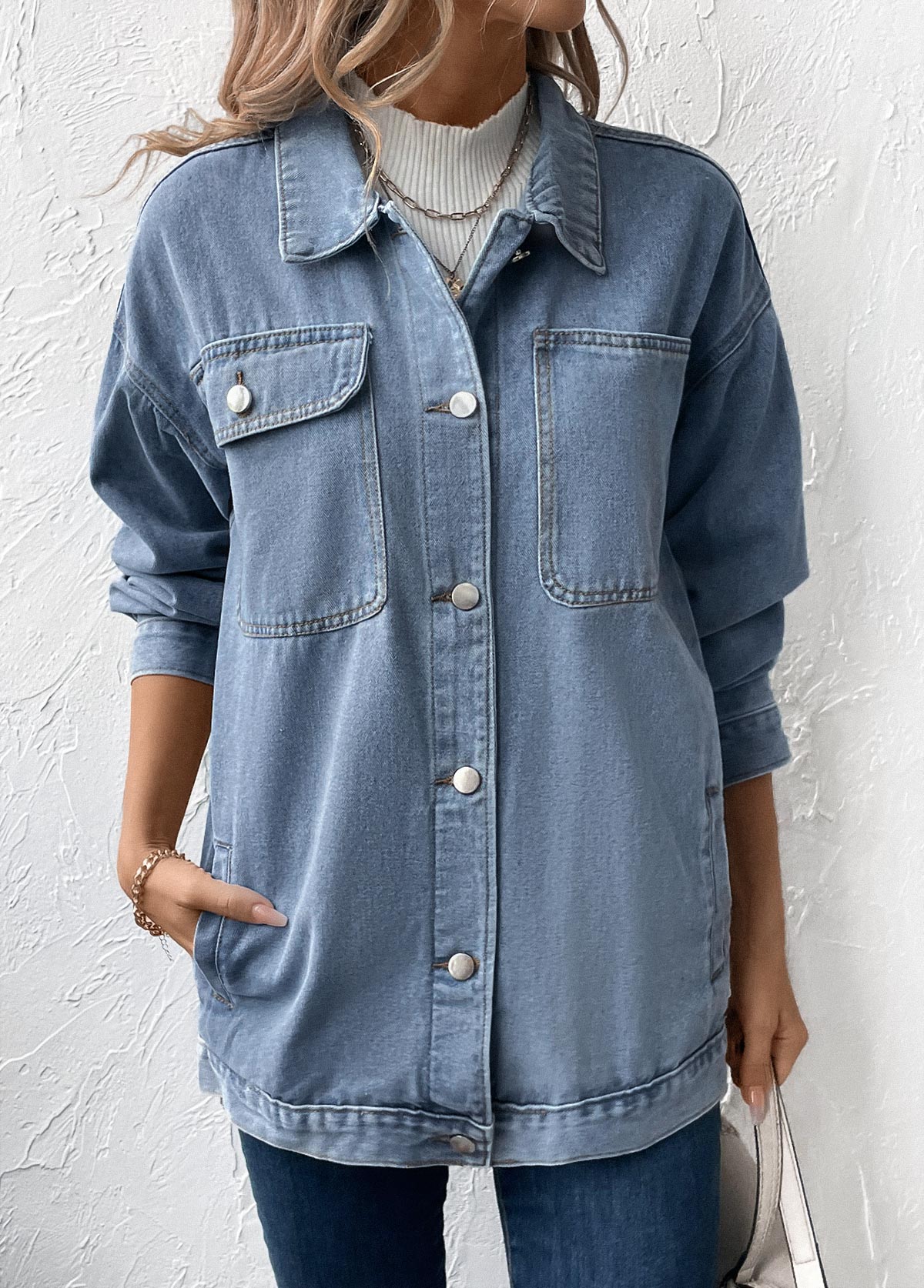 Denim Blue tops,Plain Color tops,Button Denim Blue Turn Down Collar Long Sleeve Coat