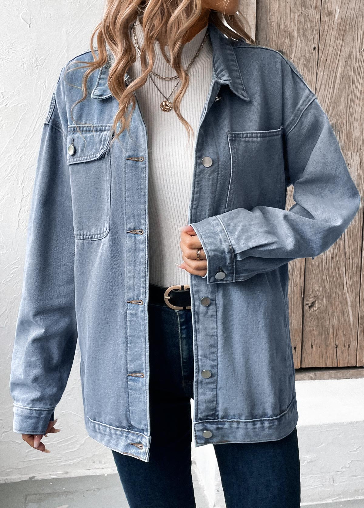 Denim Blue tops,Plain Color tops,Button Denim Blue Turn Down Collar Long Sleeve Coat