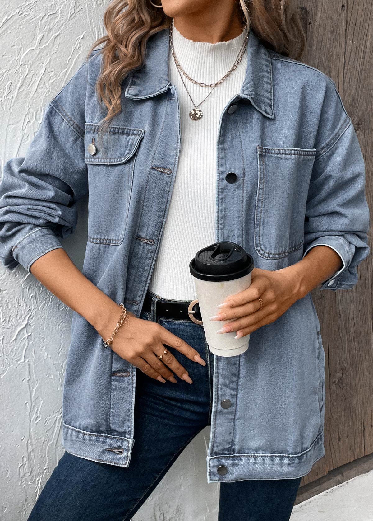 Denim Blue tops,Plain Color tops,Button Denim Blue Turn Down Collar Long Sleeve Coat