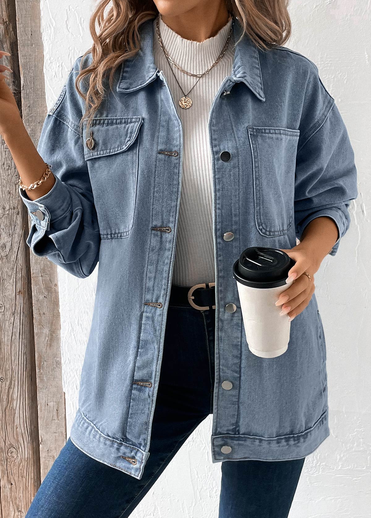 Denim Blue tops,Plain Color tops,Button Denim Blue Turn Down Collar Long Sleeve Coat