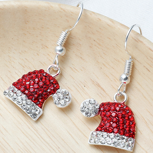 Red jewelry,Christmas Red Rhinestone Detail Alloy Earrings