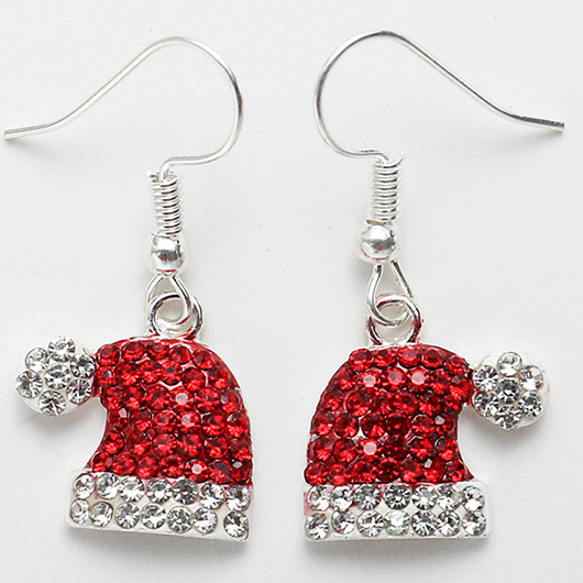Red jewelry,Christmas Red Rhinestone Detail Alloy Earrings
