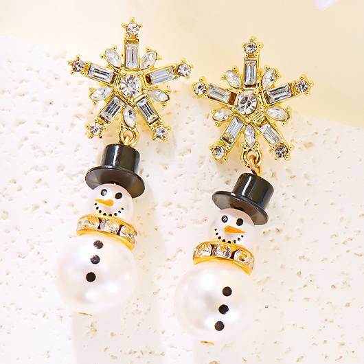 Golden jewelry,Christmas Pearl Snowman Golden Alloy Earrings