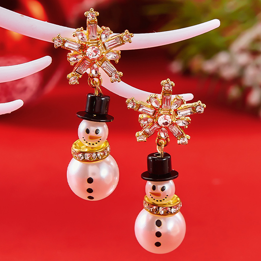 Golden jewelry,Christmas Pearl Snowman Golden Alloy Earrings