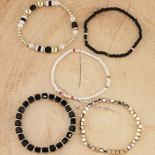 Black jewelry,Geometric jewelry,Beaded Design Black Alloy Bracelet Set