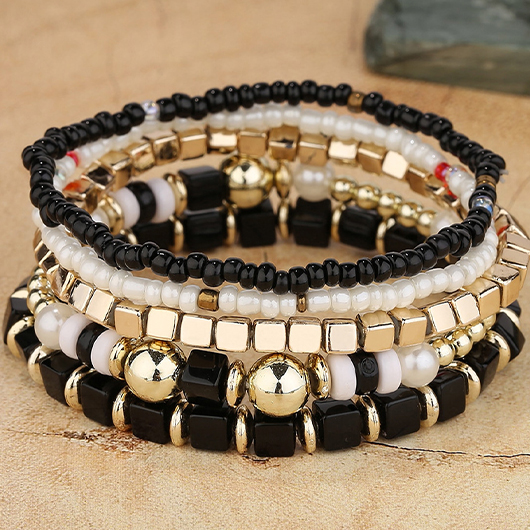 Black jewelry,Geometric jewelry,Beaded Design Black Alloy Bracelet Set