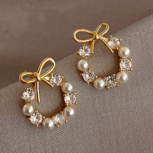 Golden jewelry,Bow Golden Alloy Detail Pearl Earrings