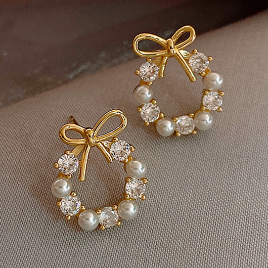 Golden jewelry,Bow Golden Alloy Detail Pearl Earrings