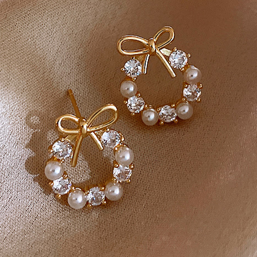 Golden jewelry,Bow Golden Alloy Detail Pearl Earrings
