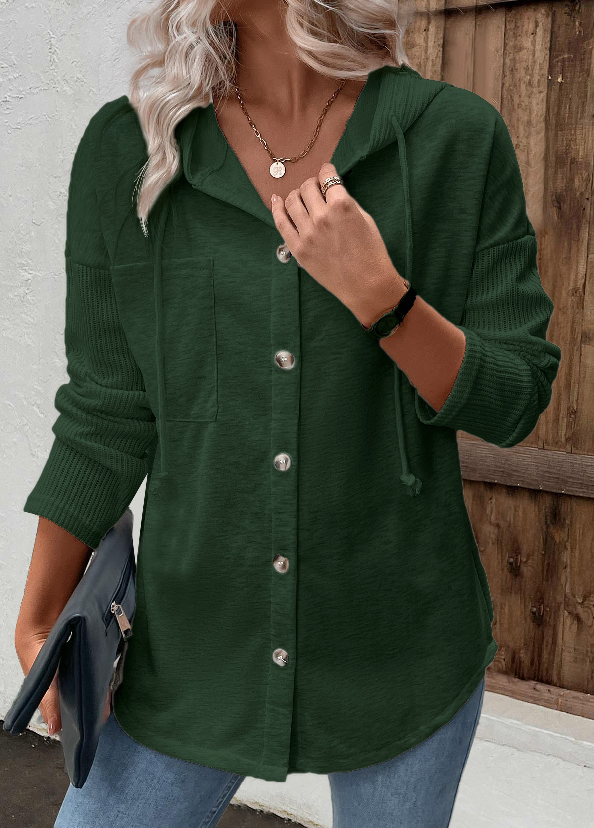 Green tops,Plain Color tops,ROTITA Patchwork Green Long Sleeve Hoodie