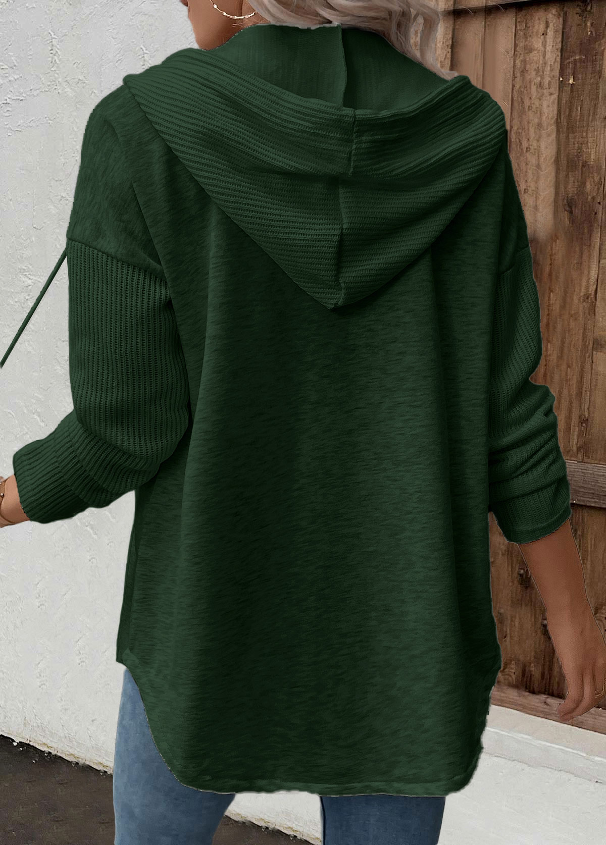 Green tops,Plain Color tops,ROTITA Patchwork Green Long Sleeve Hoodie