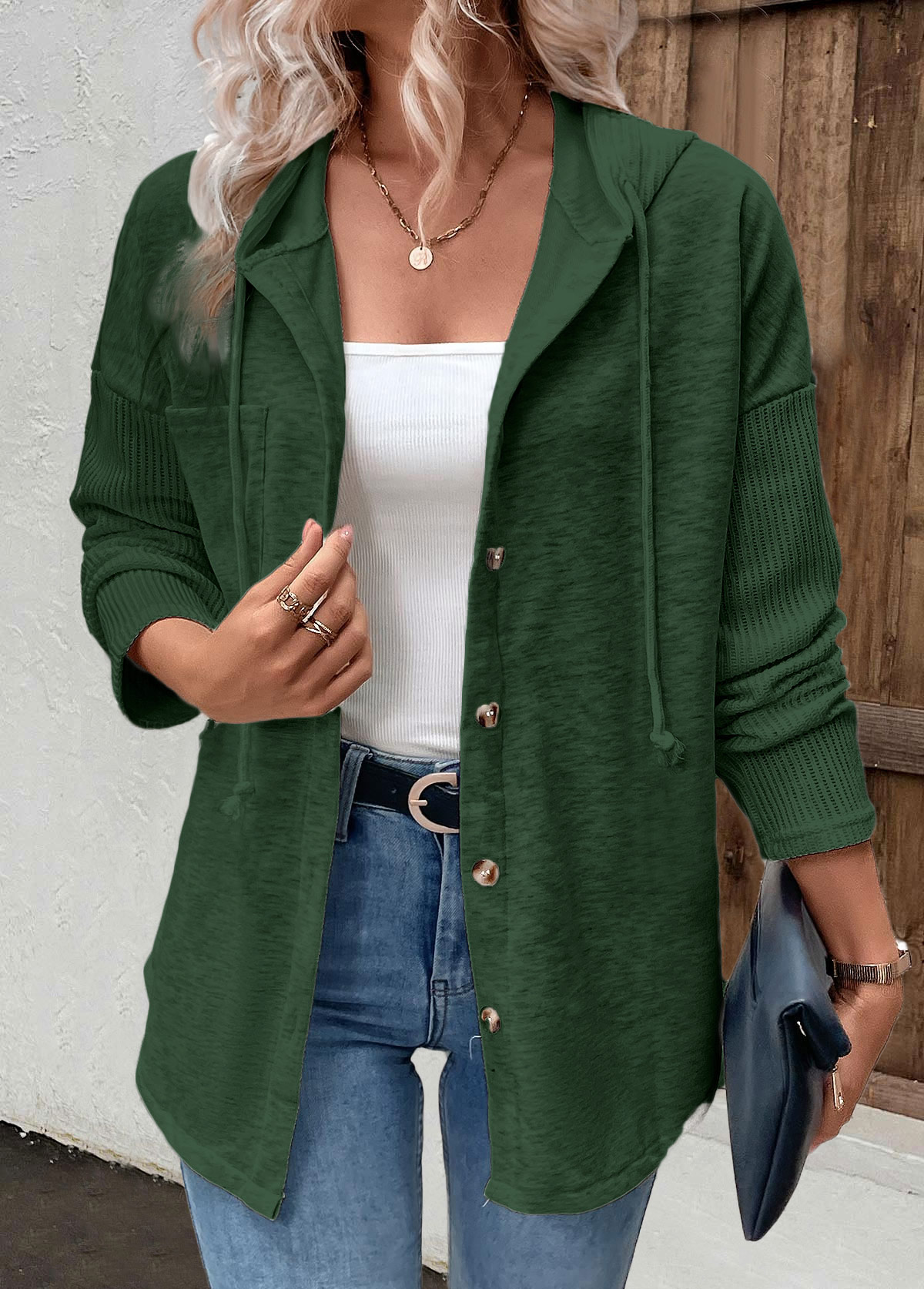 Green tops,Plain Color tops,ROTITA Patchwork Green Long Sleeve Hoodie