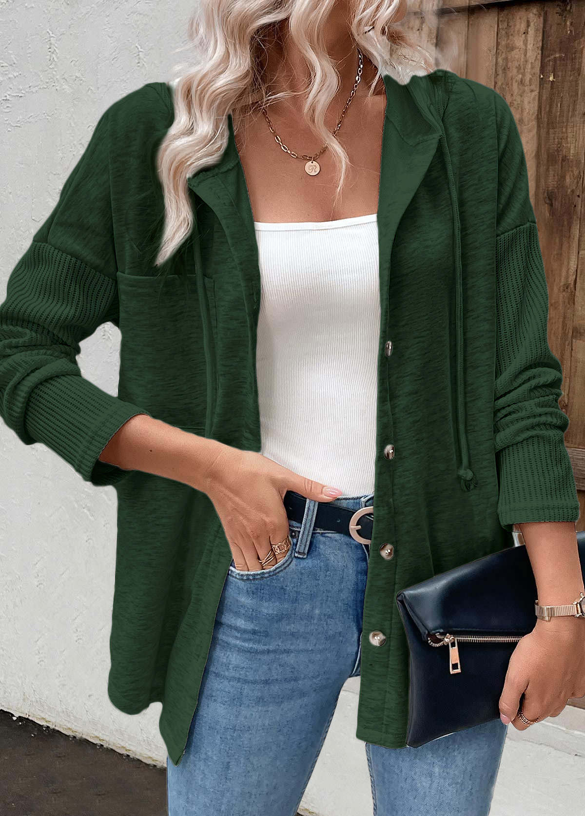 Green tops,Plain Color tops,ROTITA Patchwork Green Long Sleeve Hoodie