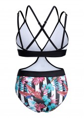 Multi Color swimwear,Floral swimwear,ROTITA Cross Strap Floral Print Contrast One Piece Swimwear