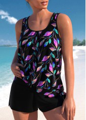 Black plus size,Rainbow Color plus size,Plants plus size,ROTITA Plus Size High Waisted Asymmetry Leaf Print Tankini Set