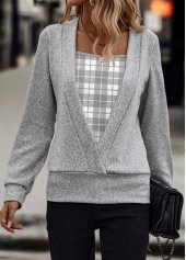 Light Grey Marl tops,Plaid tops,Striped tops,ROTITA Fake 2in1 Plaid Light Grey Marl Square Neck Sweatshirt