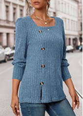 Blue tops,Plain Color tops,ROTITA Button Blue Square Neck Long Sleeve T Shirt