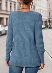 Blue tops,Plain Color tops,ROTITA Button Blue Square Neck Long Sleeve T Shirt