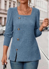 Blue tops,Plain Color tops,ROTITA Button Blue Square Neck Long Sleeve T Shirt