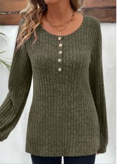 Olive Green tops,Plain Color tops,ROTITA Button Olive Green Round Neck Long Sleeve T Shirt