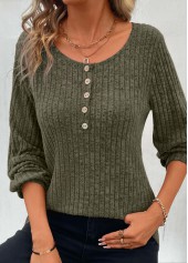 Olive Green tops,Plain Color tops,ROTITA Button Olive Green Round Neck Long Sleeve T Shirt