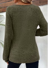 Olive Green tops,Plain Color tops,ROTITA Button Olive Green Round Neck Long Sleeve T Shirt