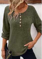 Olive Green tops,Plain Color tops,ROTITA Button Olive Green Round Neck Long Sleeve T Shirt