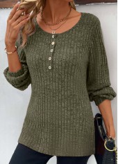 Olive Green tops,Plain Color tops,ROTITA Button Olive Green Round Neck Long Sleeve T Shirt
