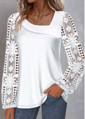 White tops,Plain Color tops,ROTITA Lace White Asymmetrical Neck Long Sleeve Blouse