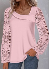 Light Pink tops,Plain Color tops,ROTITA Lace Light Pink Asymmetrical Neck Long Sleeve Blouse