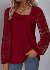 Wine Red tops,Plain Color tops,ROTITA Plus Size Lace Wine Red Asymmetrical Neck Blouse