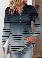 ROTITA Button Striped Navy Split Neck Long Sleeve T Shirt