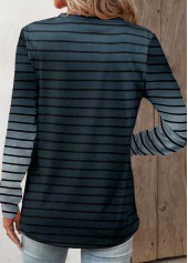 Navy tops,Striped tops,Geometric tops,Ombre tops,ROTITA Button Striped Navy Split Neck Long Sleeve T Shirt