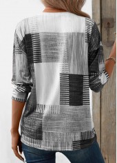 Grey tops,White tops,Geometric tops,Striped tops,ROTITA Patchwork Geometric Print Grey Round Neck T Shirt