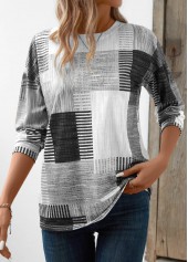 Grey tops,White tops,Geometric tops,Striped tops,ROTITA Patchwork Geometric Print Grey Round Neck T Shirt