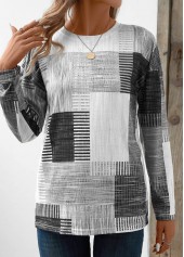 Grey tops,White tops,Geometric tops,Striped tops,ROTITA Patchwork Geometric Print Grey Round Neck T Shirt