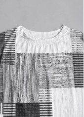 Grey tops,White tops,Geometric tops,Striped tops,ROTITA Patchwork Geometric Print Grey Round Neck T Shirt