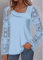 Light Blue tops,Plain Color tops,ROTITA Lace Light Blue Asymmetrical Neck Long Sleeve Blouse