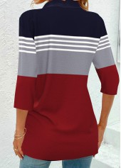 Navy tops,Wine Red tops,Striped tops,Geometric tops,ROTITA Eyelet Striped Navy Shirt Collar 3/4 Sleeve Blouse