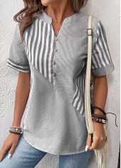 Grey tops,Striped tops,Geometric tops,Patchwork Striped Grey Split Neck Short Sleeve Blouse
