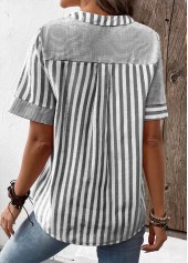 Grey tops,Striped tops,Geometric tops,Patchwork Striped Grey Split Neck Short Sleeve Blouse