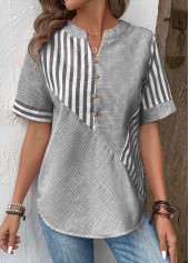 Grey tops,Striped tops,Geometric tops,Patchwork Striped Grey Split Neck Short Sleeve Blouse