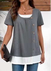 Dark Grey Marl tops,Contrast Color tops,ROTITA Fake 2in1 Dark Grey Marl Square Neck Shirt