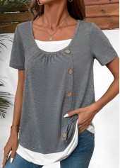 Dark Grey Marl tops,Contrast Color tops,ROTITA Fake 2in1 Dark Grey Marl Square Neck Shirt