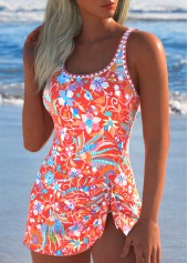 Coral swimwear,Floral swimwear,Plants swimwear,ROTITA Tie Coral Floral Print One Piece Swimdress