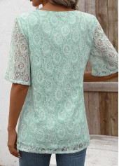 Mint Green tops,Plain Color tops,ROTITA Lace Mint Green Round Neck Fake Two Piece Twinset