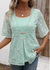 Mint Green tops,Plain Color tops,ROTITA Lace Mint Green Round Neck Fake Two Piece Twinset